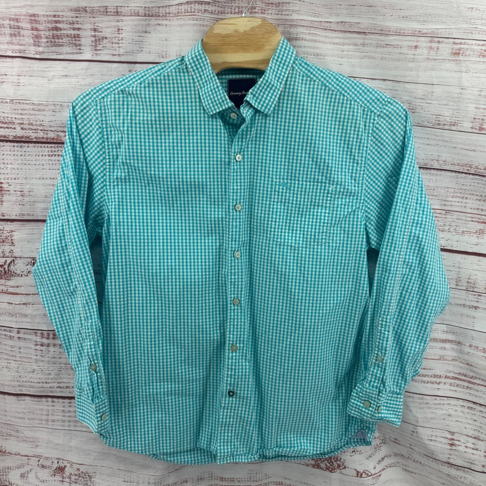 Tommy Bahama Shirt Mens XL Teal Gingham Pima Cotton Long Sleeve Button Down